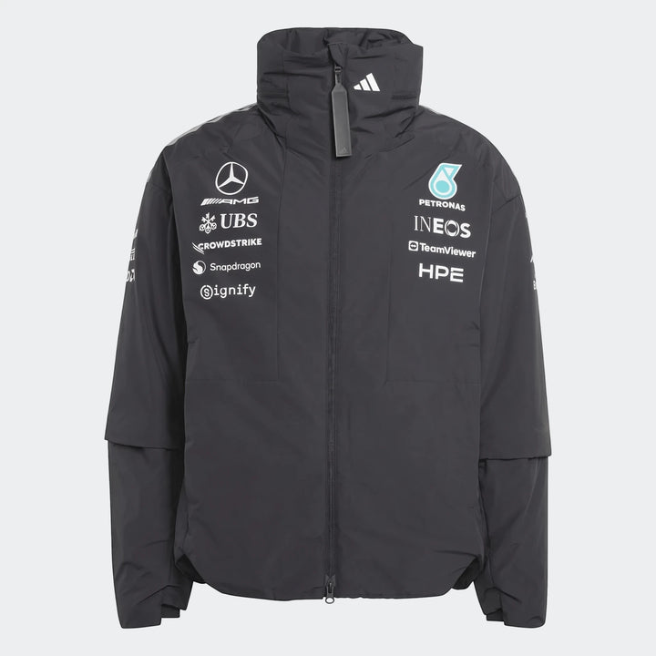 Mercedes-Amg Petronas Formula 1 Team Energy Jacket in dark grey, featuring multiple sponsor logos and a front zipper. Front