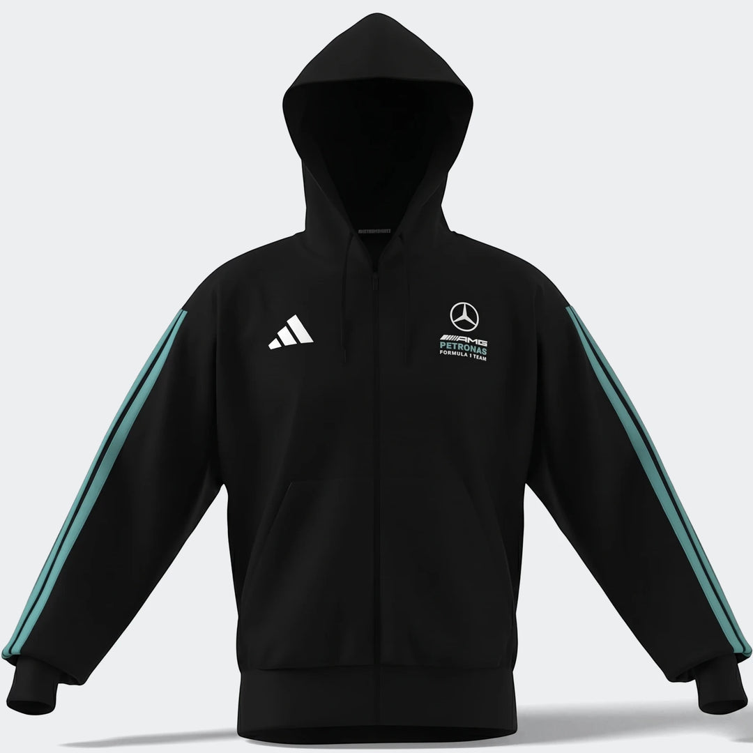 Black Mercedes-AMG Petronas Formula 1 Team full-zip hoodie with hood, featuring white Adidas and team logos, and teal