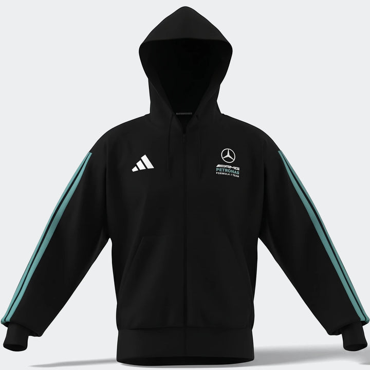Black Mercedes-AMG Petronas Formula 1 Team full-zip hoodie with hood, featuring white Adidas and team logos, and teal