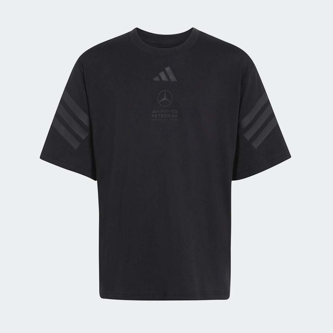 Youth Mercedes-AMG Petronas Formula 1 Team Night T-shirt by Adidas, black, featuring team and brand logos on the chest,