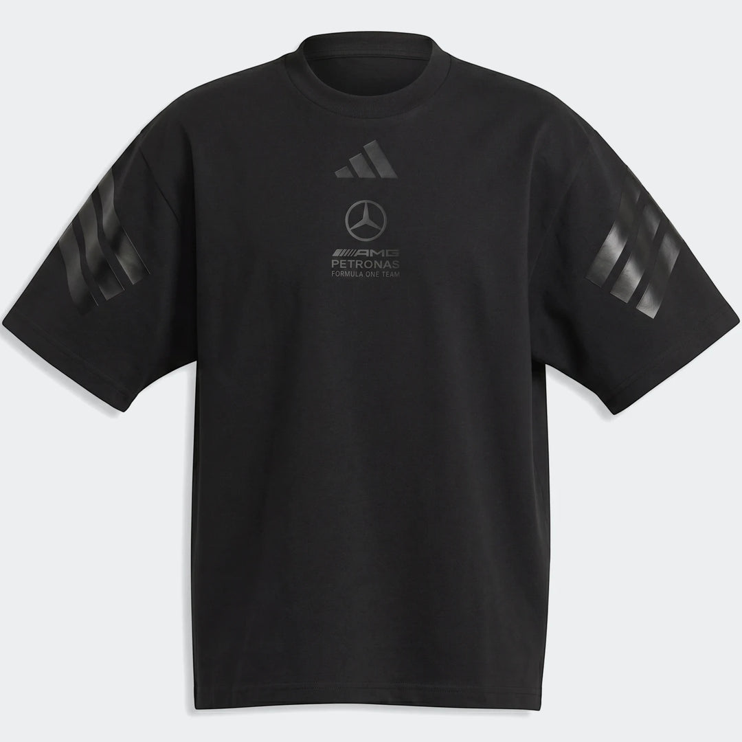 Black Mercedes-AMG Petronas Formula 1 Team Night T-Shirt for youth, featuring Adidas branding and team logos on a relaxed