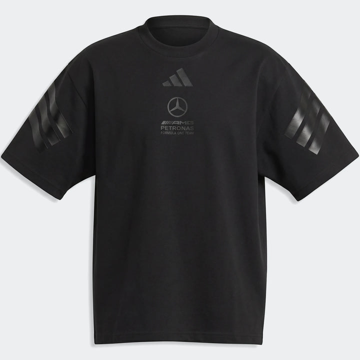 Black Mercedes-AMG Petronas Formula 1 Team Night T-Shirt for youth, featuring Adidas branding and team logos on a relaxed
