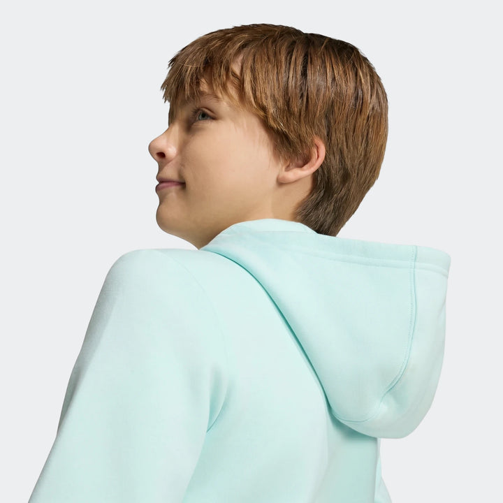 Messi Hoodie Youth in light aqua, back view showing the attached hood and smooth knit sweatshirt fabric.