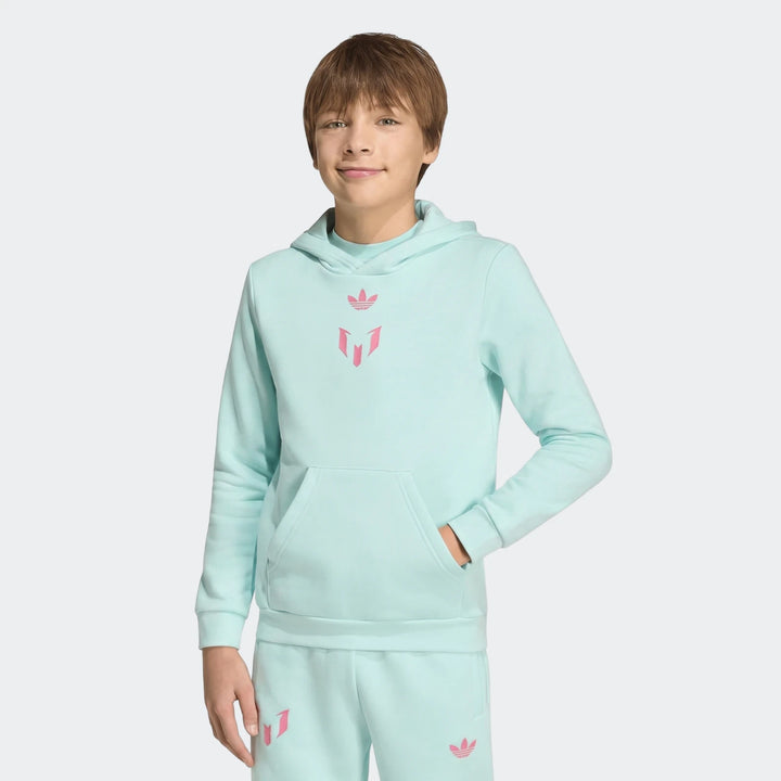 Light blue Messi Hoodie Youth and matching sweatpants worn by a boy, shown from mid-thigh up, standing with hand in pocket.