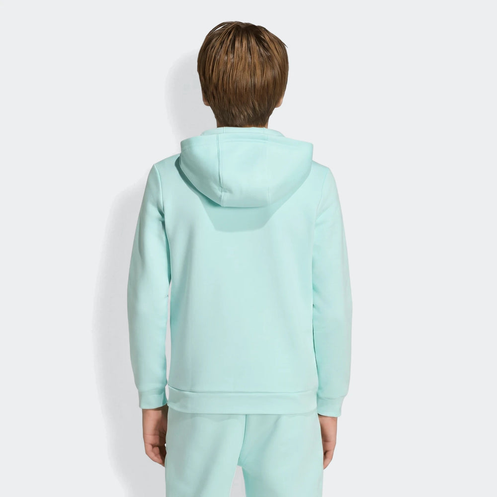 Messi Hoodie Youth in light mint green, back view showing attached hood and long sleeves.