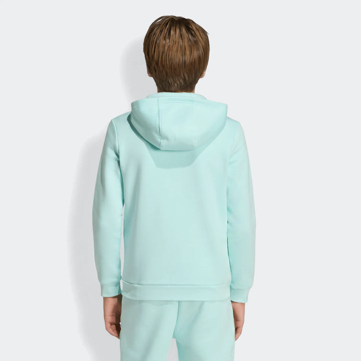 Messi Hoodie Youth in light mint green, back view showing attached hood and long sleeves.