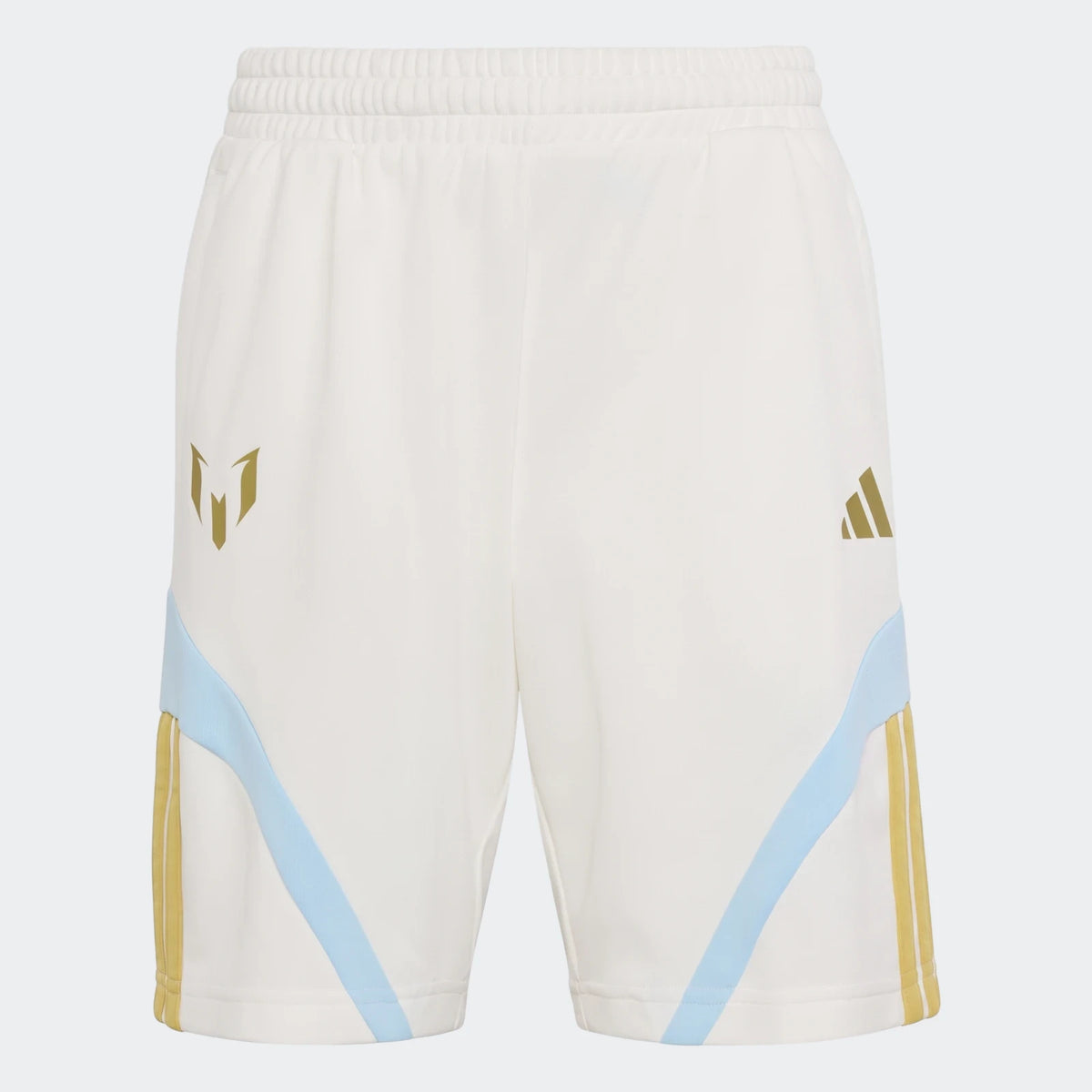 Messi House Of Tiro Kids Shorts in white, featuring gold Adidas and Messi logos, light blue side panels, and three gold