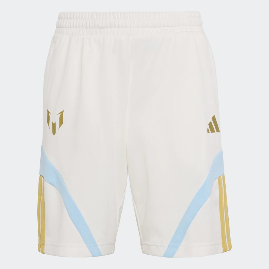 Messi House Of Tiro Kids Shorts in white, featuring gold Adidas and Messi logos, light blue side panels, and three gold