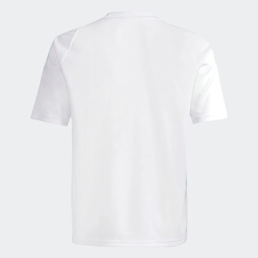 White youth Messi training jersey, short-sleeved with light blue stripe details on the shoulders, shown from the back view.