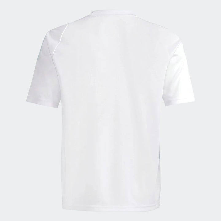 White youth Messi training jersey, short-sleeved with light blue stripe details on the shoulders, shown from the back view.