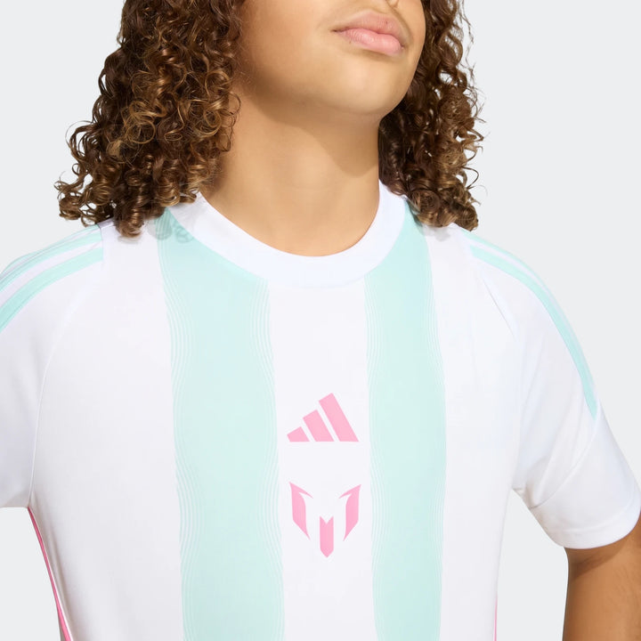 Messi Training Jersey Youth, white short-sleeve shirt with mint green stripes and pink Adidas and Messi logos.