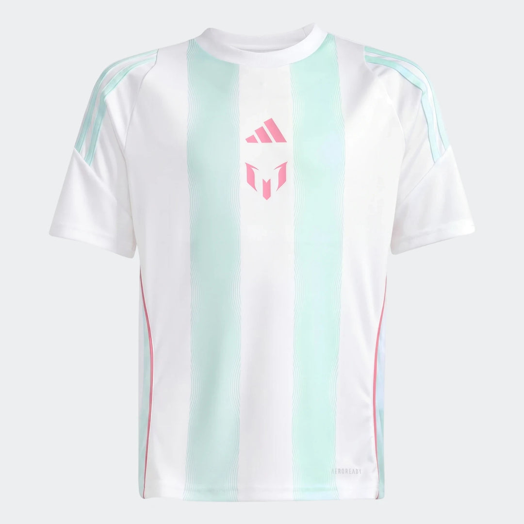 Youth Messi Training Jersey in white and mint green stripes with short sleeves, front view.
