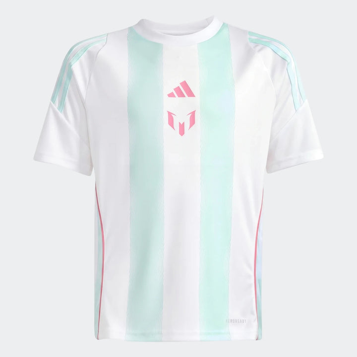 Youth Messi Training Jersey in white and mint green stripes with short sleeves, front view.
