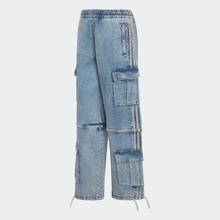 Light blue acid wash mid-rise 2-in-1 denim cargo pants with an elastic waistband and side stripes, displayed vertically.