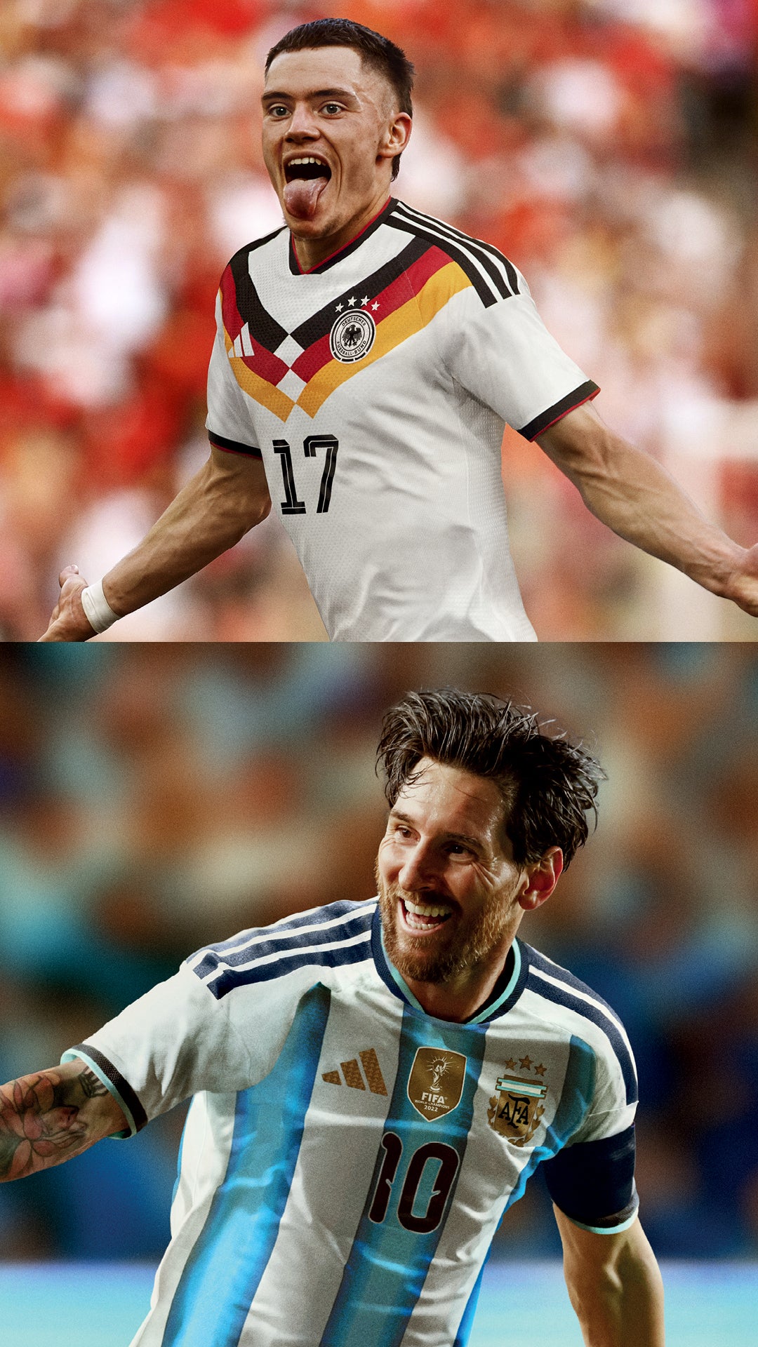 Two soccer players, one in a German jersey and the other in an Argentina jersey, with blurred backgrounds.