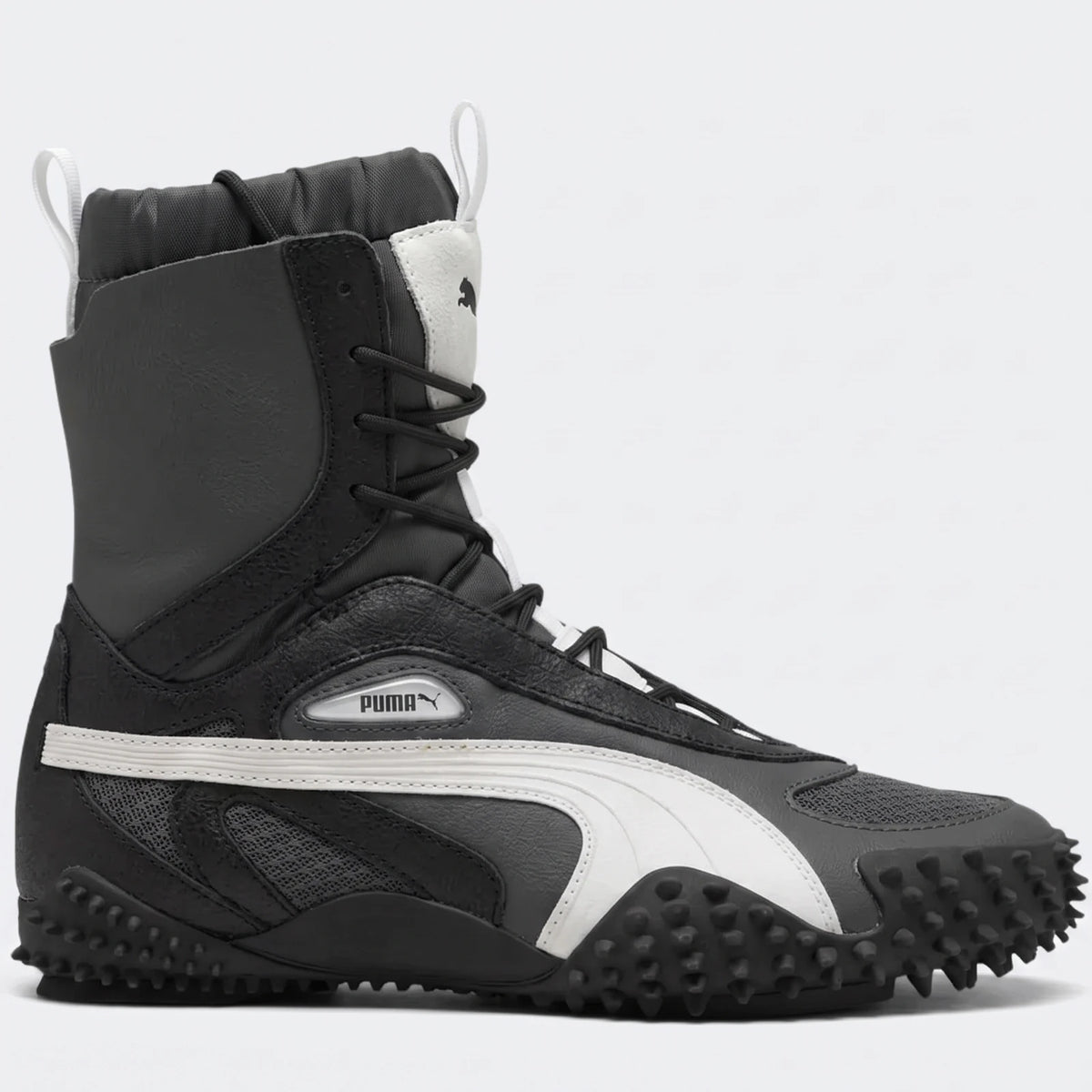 Mostro Mid W black and white mid-cut sneaker boot, side view with lace-up upper and textured rubber outsole