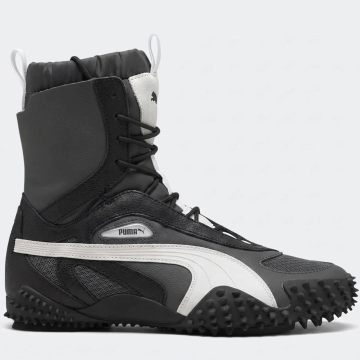 Mostro Mid W black and white mid-cut sneaker boot, side view with lace-up upper and textured rubber outsole