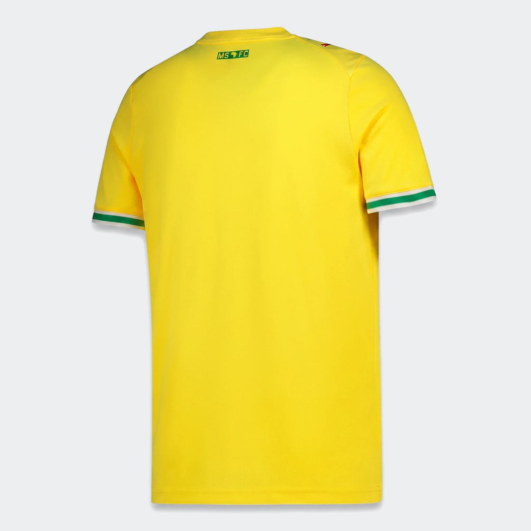 Back view of a vibrant yellow Msfc Mens Home Replica jersey, featuring a green 'MSFC' logo on the upper back and stylish