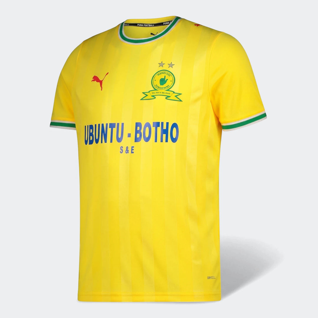 Msfc Mens Home Replica yellow soccer jersey with green and white trim, Puma logo, and 'UBUNTU - BOTHO' text.