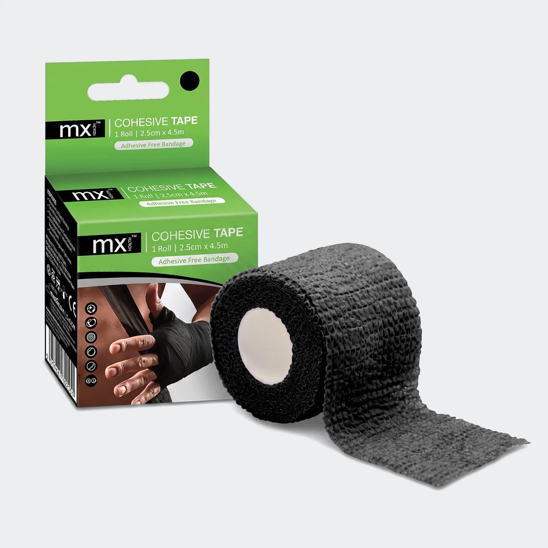 Black Mx Cohesive Tape roll next to its green packaging box, showing the product details and self-adhesive bandage.
