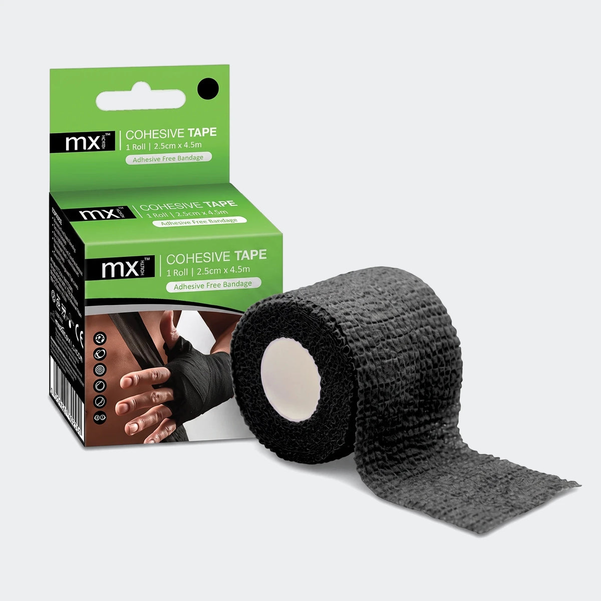 Black Mx Cohesive Tape roll next to its green packaging box, showing the product details and self-adhesive bandage.