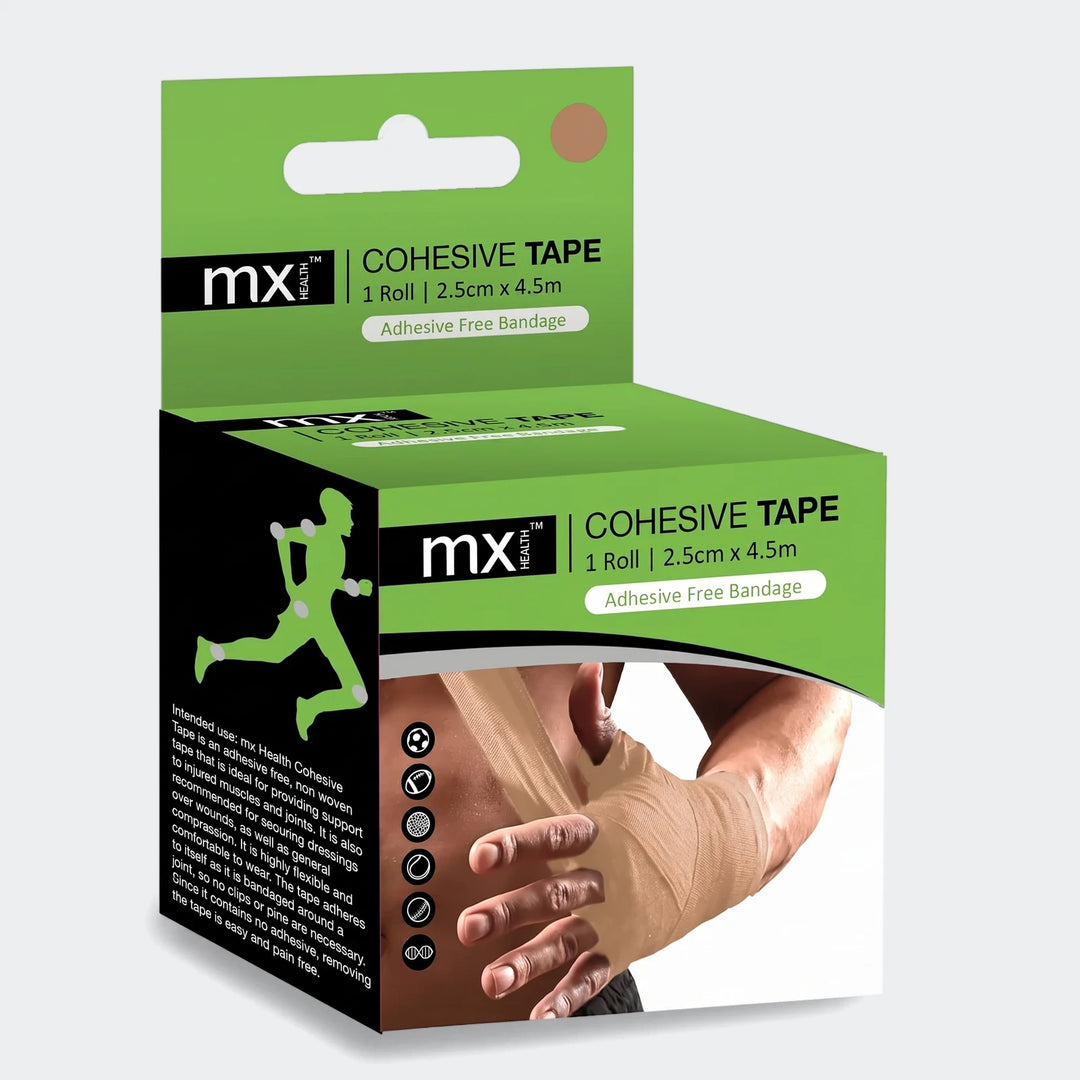 mx Health Cohesive Tape in a green and black box with a person's arm wrapped in beige cohesive bandage for support.