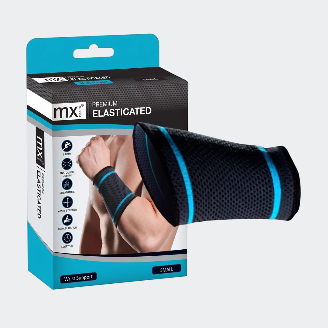 Black and blue MX Health Premium Elasticated Wrist Support, small size, shown with packaging and a loose mesh brace.