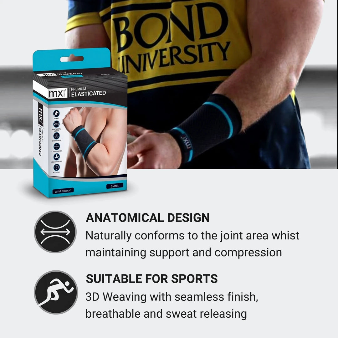 MXI Premium Elasticated Wrist Support in black and blue, small size, displayed with its product box and worn on an arm,
