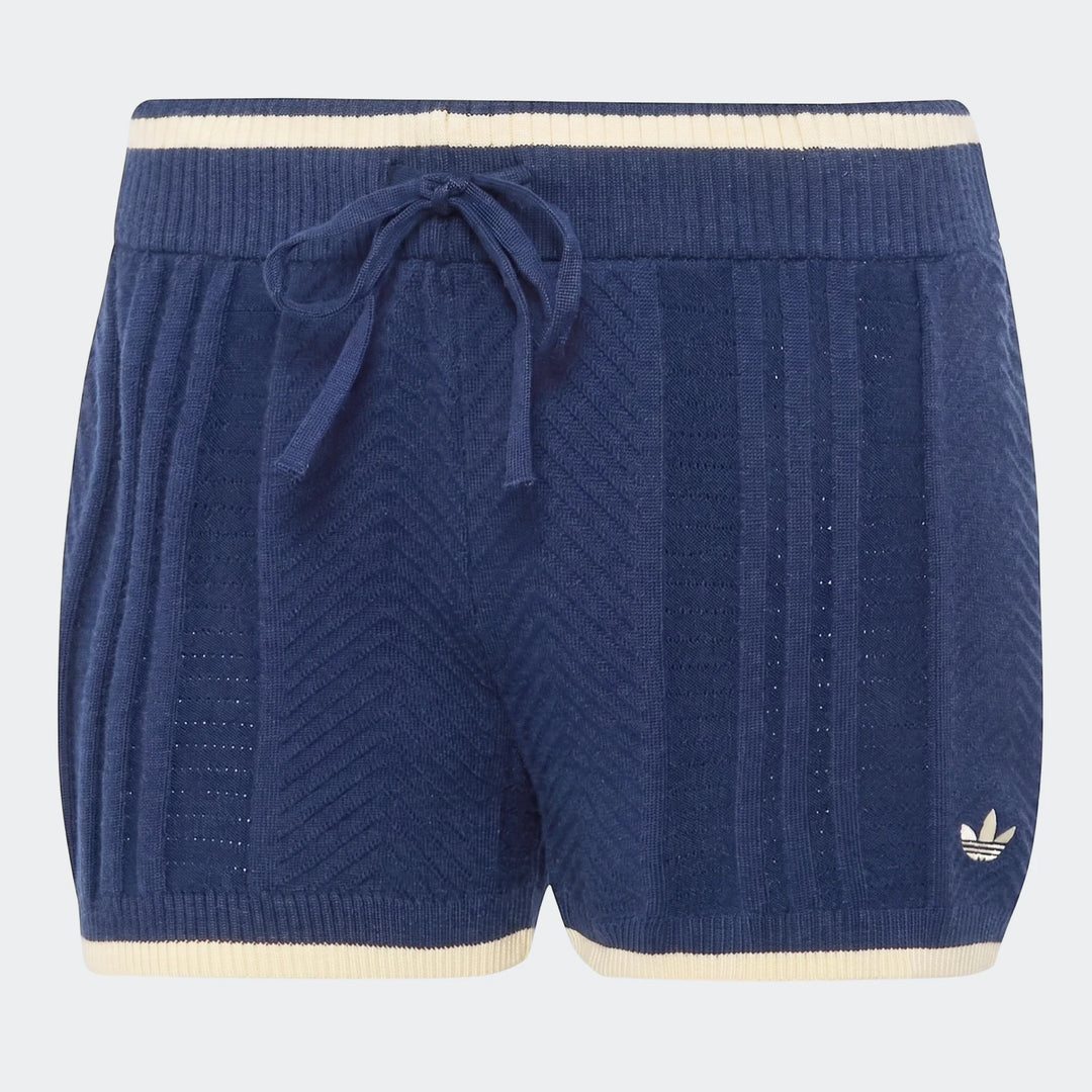 Navy blue cable knit shorts with white ribbed waistband and hem, featuring a front drawstring and an embroidered Adidas