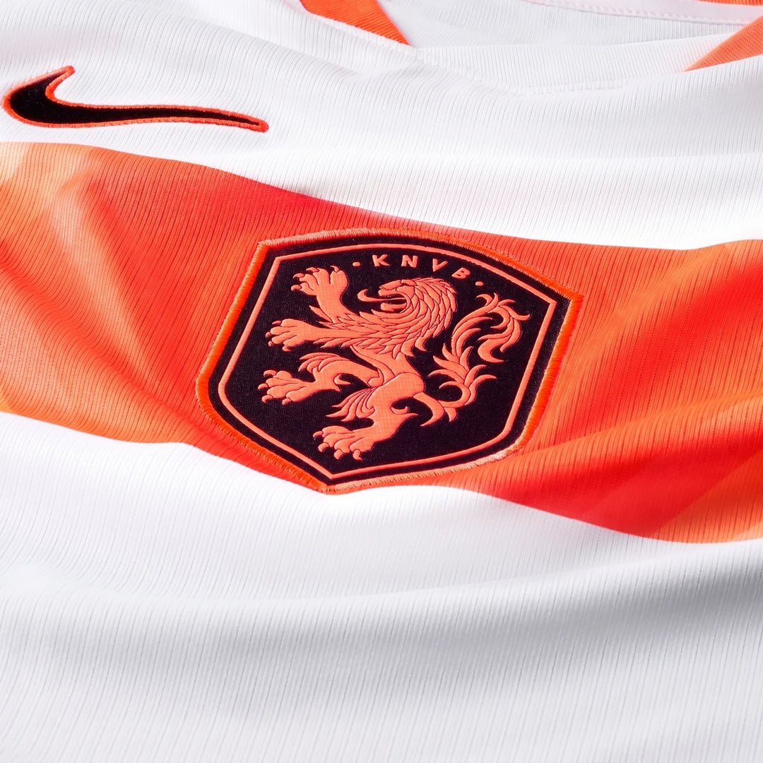 Close-up of Netherlands National Team 2026 Stadium Away White Men'S Nike Dri-Fit Soccer Jersey, featuring the orange KNVB