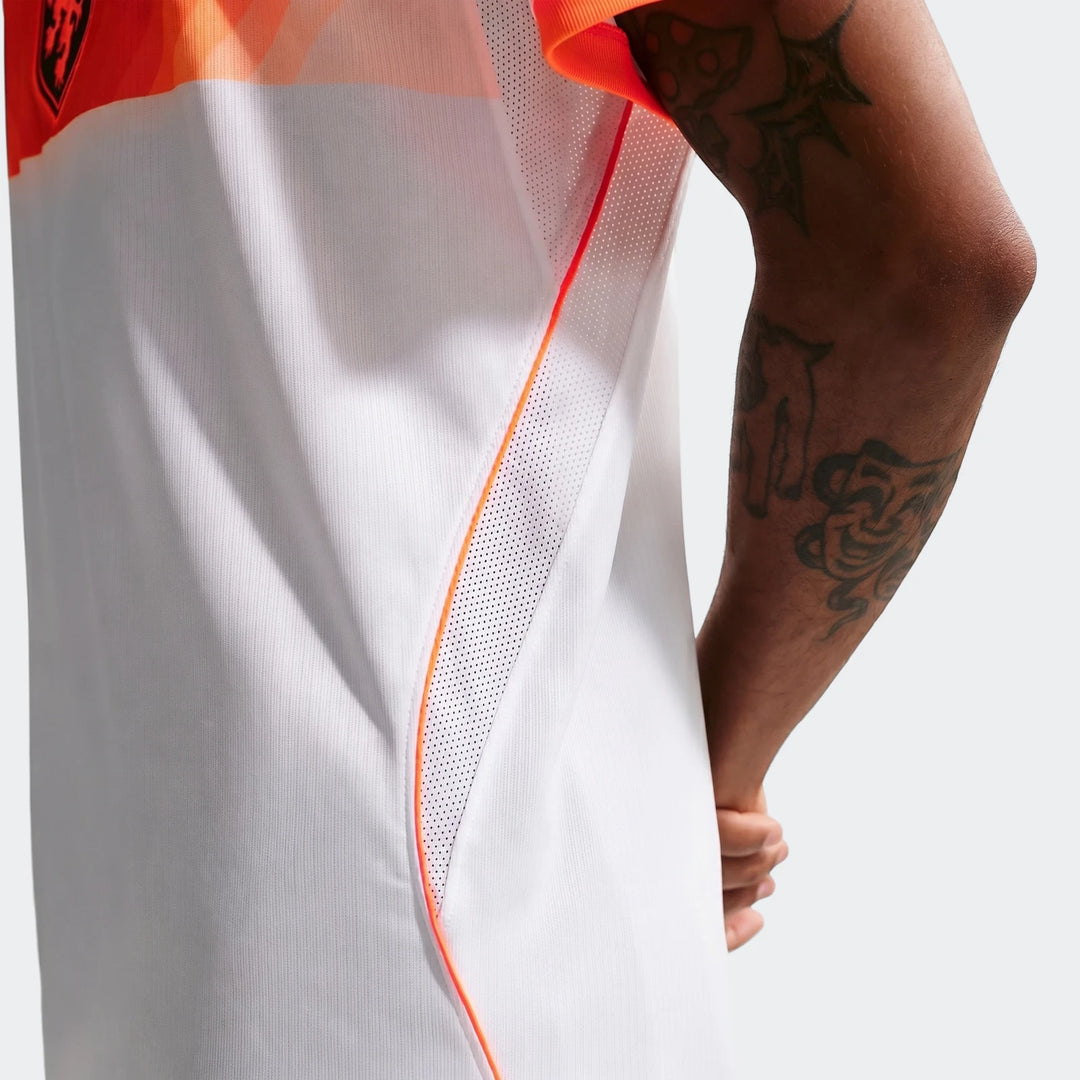 Close-up side view of a person wearing the Netherlands National Team 2026 Stadium Away White Men'S Nike Dri-Fit Soccer