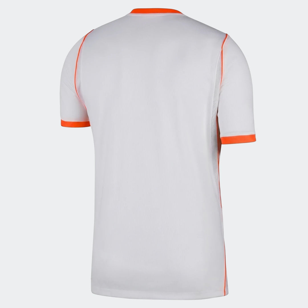 Netherlands National Team 2026 Stadium Away men's Nike Dri-Fit soccer jersey in white with orange trim, back view.