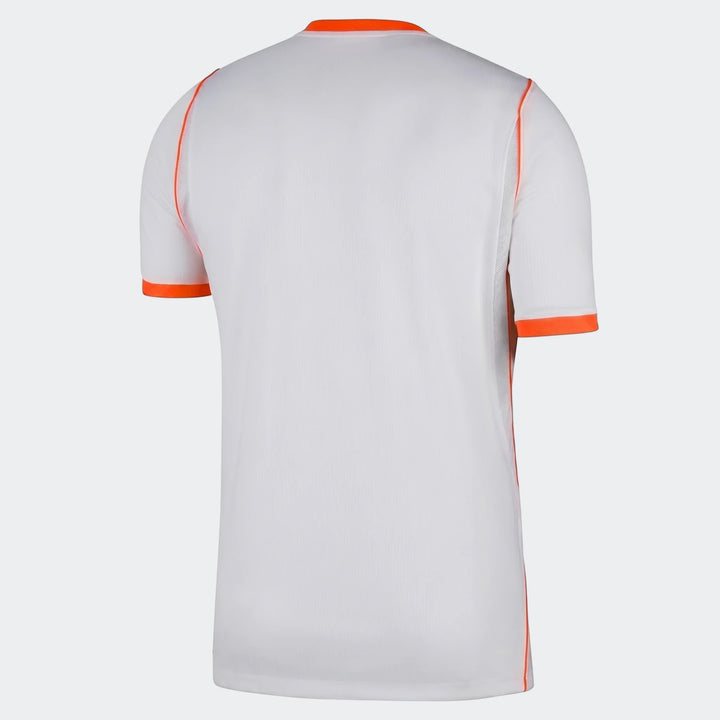 Netherlands National Team 2026 Stadium Away men's Nike Dri-Fit soccer jersey in white with orange trim, back view.
