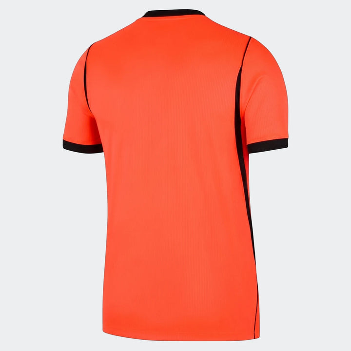 Back view of an orange Netherlands National Team 2026 Stadium Home Nike Dri-Fit soccer jersey for men, featuring black trim