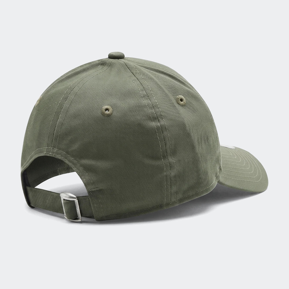 Back view of an olive green New Era 9Forty New York Yankees Kinder Cap with an adjustable strap and visible crown stitching.