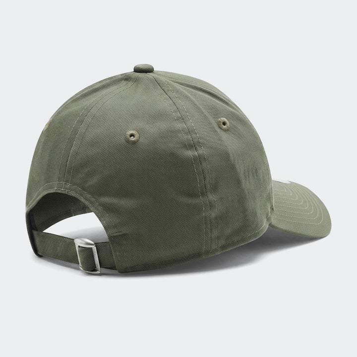 Back view of an olive green New Era 9Forty New York Yankees Kinder Cap with an adjustable strap and visible crown stitching.