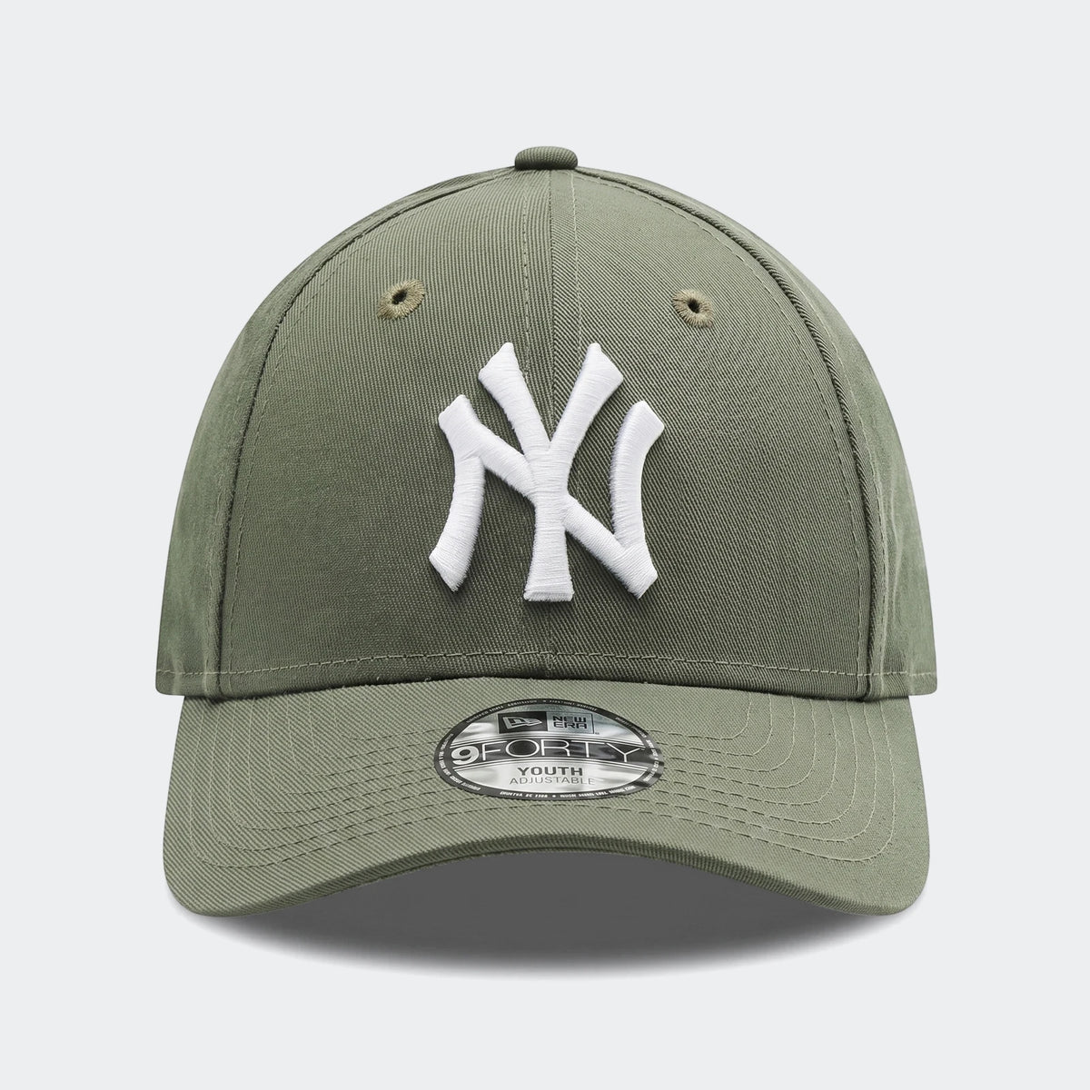 Olive green New Era 9Forty New York Yankees youth baseball cap, featuring a prominent white embroidered 'NY' logo on the