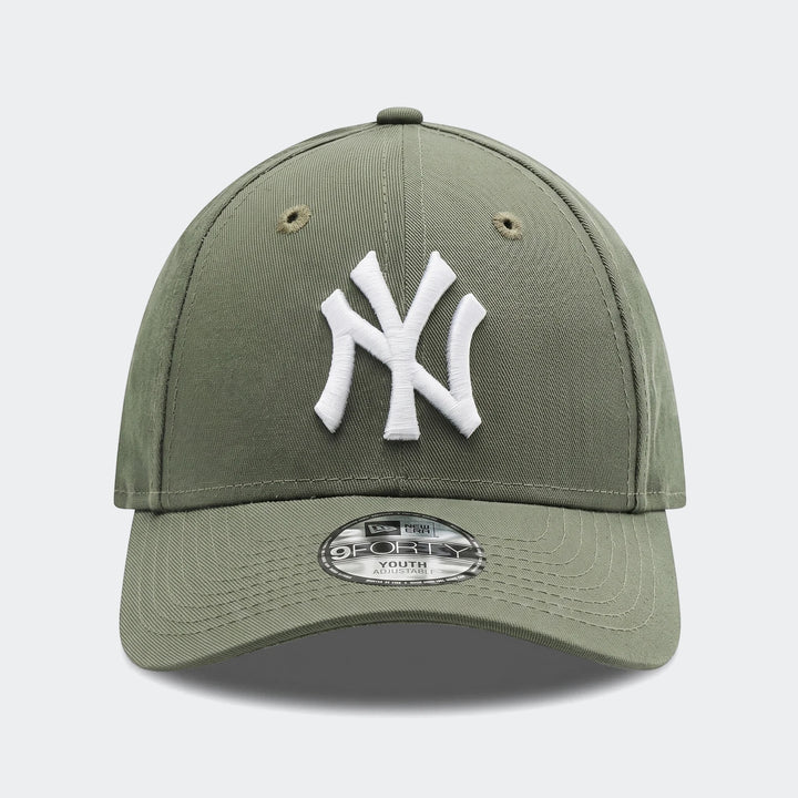 Olive green New Era 9Forty New York Yankees youth baseball cap, featuring a prominent white embroidered 'NY' logo on the
