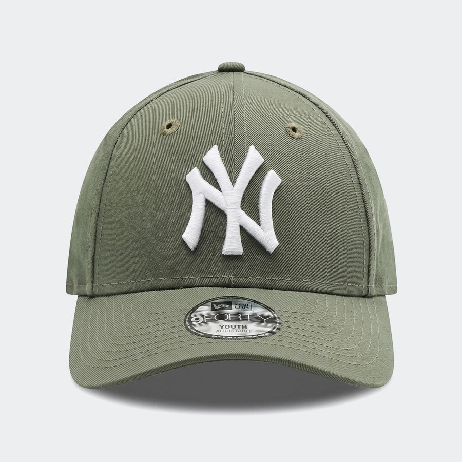 Olive green New Era 9Forty New York Yankees youth baseball cap, featuring a prominent white embroidered 'NY' logo on the