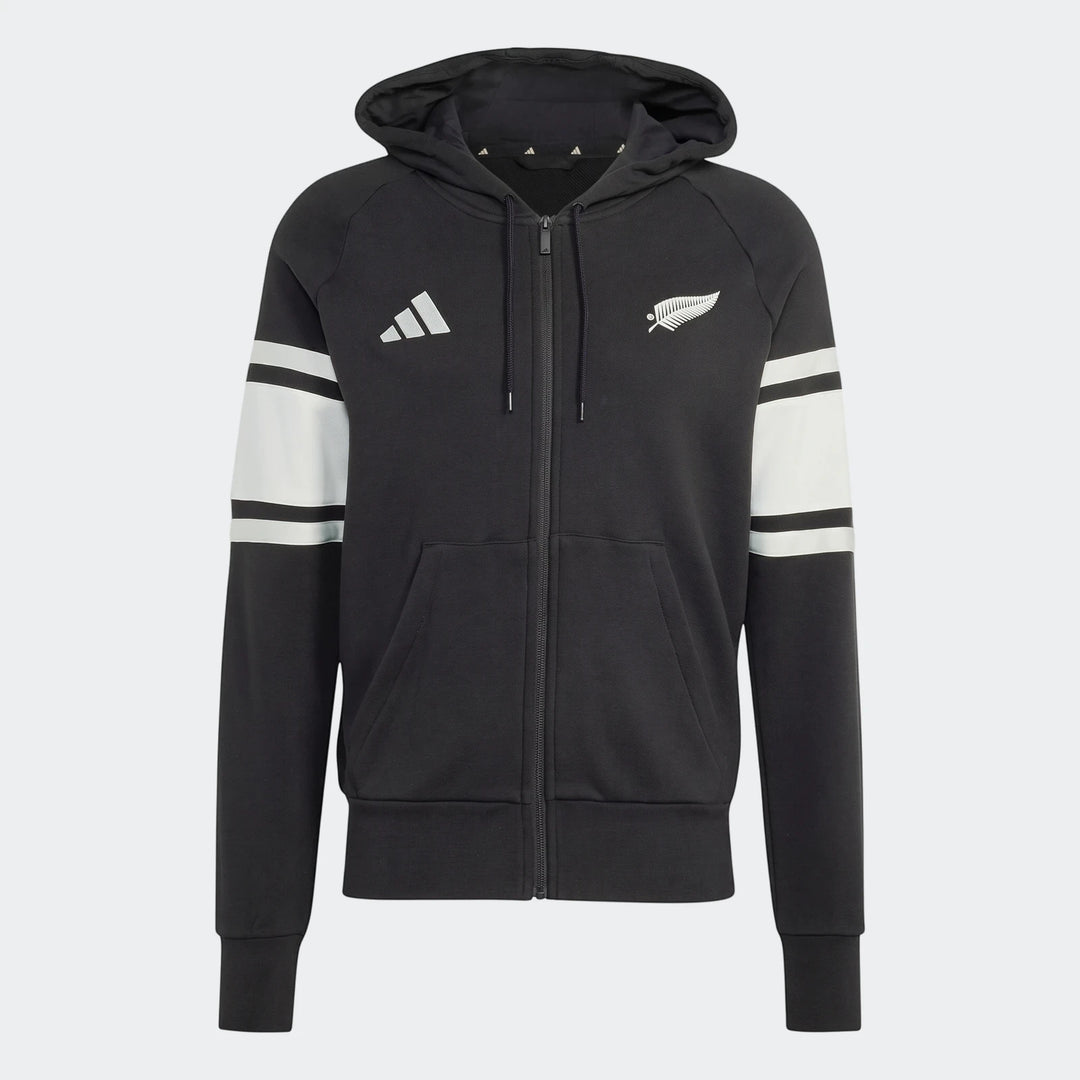 Black Adidas New Zealand Rugby leisurewear full zip hoodie with white striped sleeves, front view.