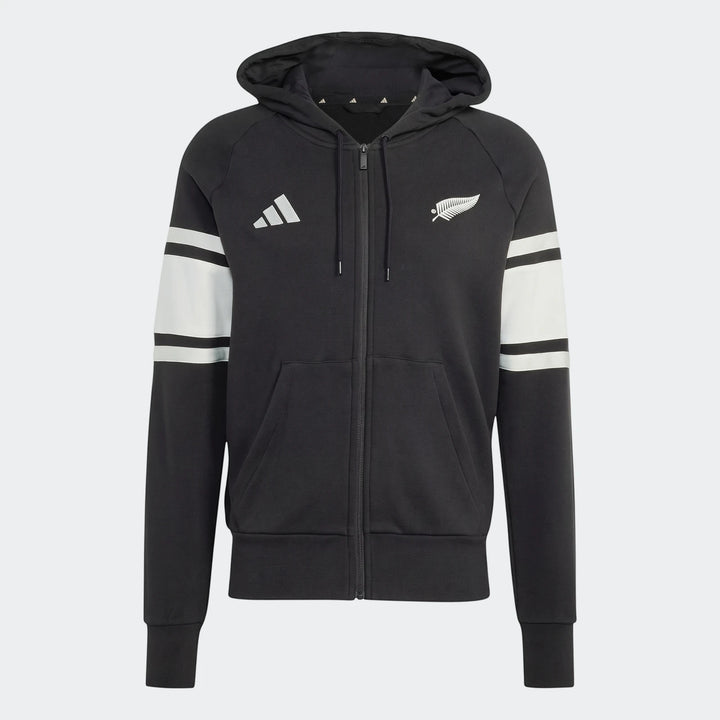 Black Adidas New Zealand Rugby leisurewear full zip hoodie with white striped sleeves, front view.