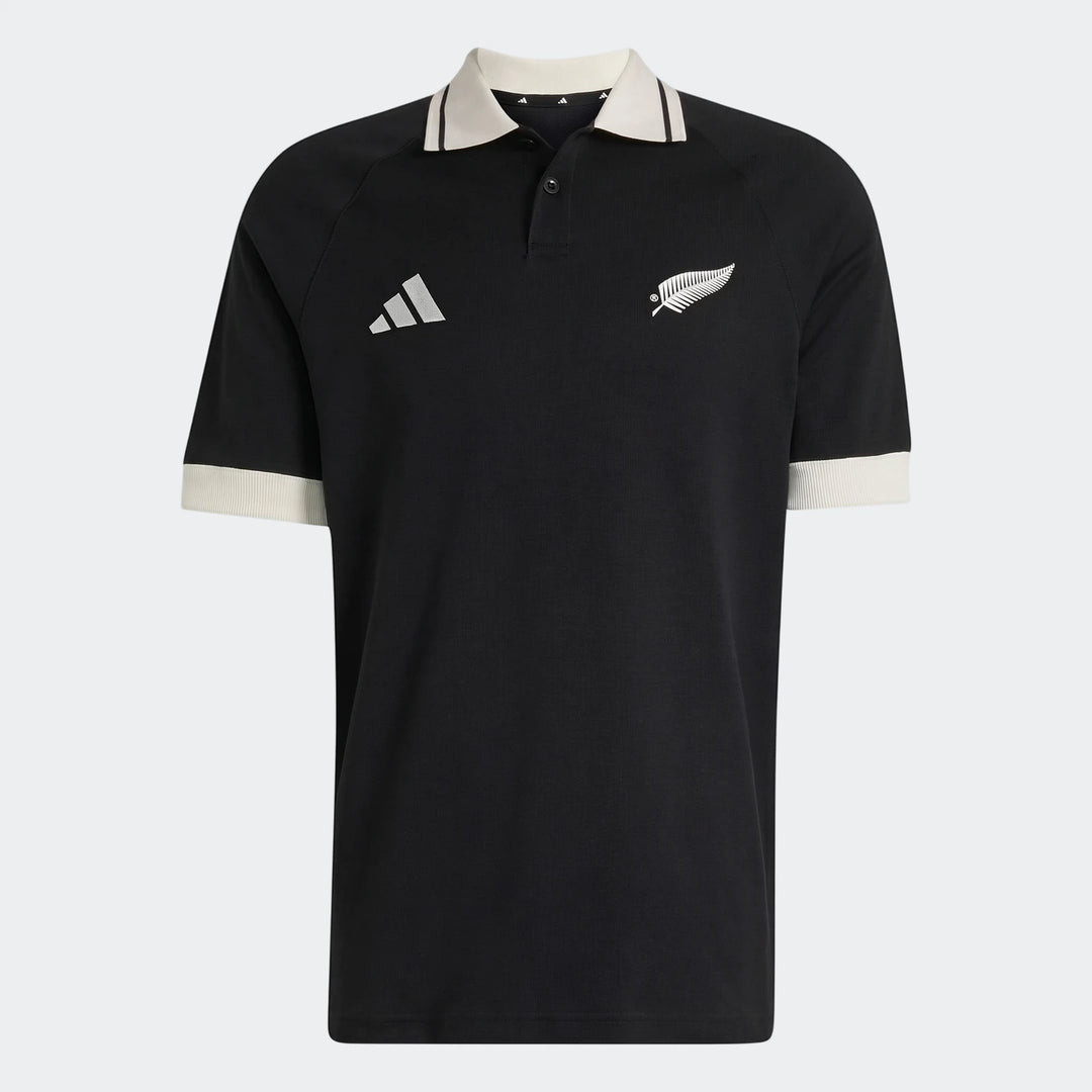 Black New Zealand Rugby Leisurewear Polo Shirt with white collar and cuffs, front view.