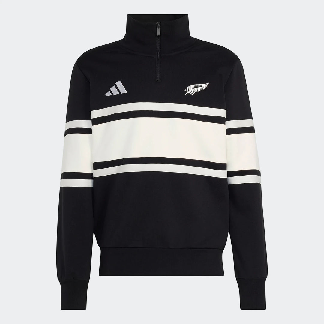 New Zealand Rugby Leisurewear Quarter Zip Sweatshirt for men, black with white stripes, featuring Adidas and silver fern