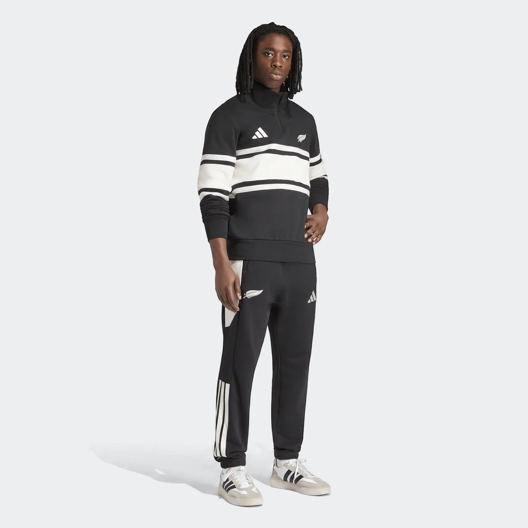 Men's New Zealand Rugby Leisurewear Quarter Zip Sweatshirt and matching black sweatpants, black with white stripes, full