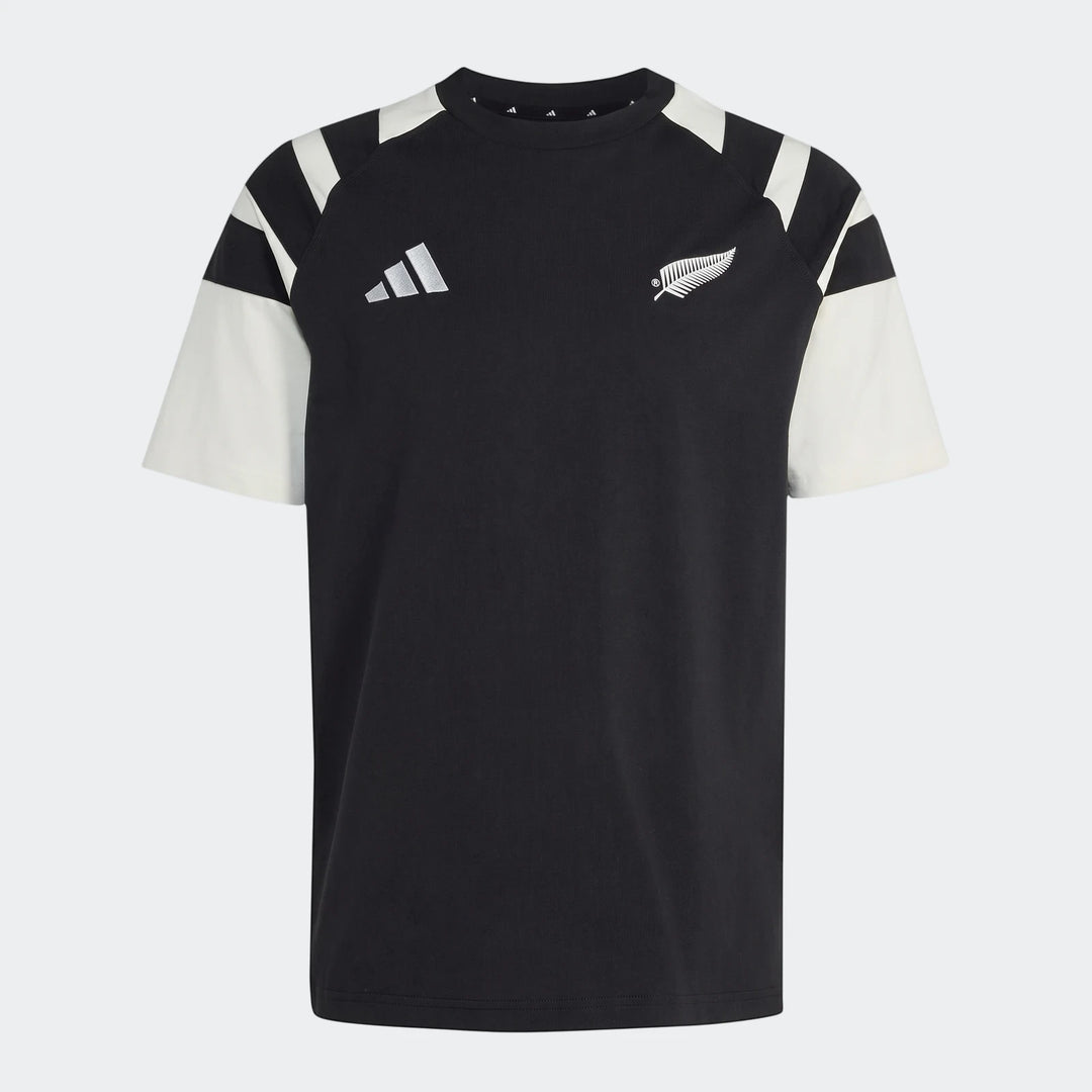 Men's New Zealand Rugby leisurewear t-shirt in black with off-white sleeves, featuring the Adidas logo and a silver fern