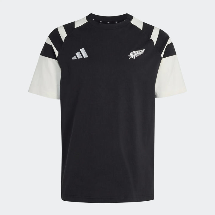 Men's New Zealand Rugby leisurewear t-shirt in black with off-white sleeves, featuring the Adidas logo and a silver fern
