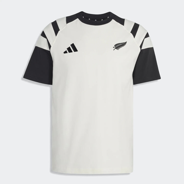 Off-white and black New Zealand Rugby Leisurewear T-Shirt for men, featuring Adidas and silver fern logos on the chest,