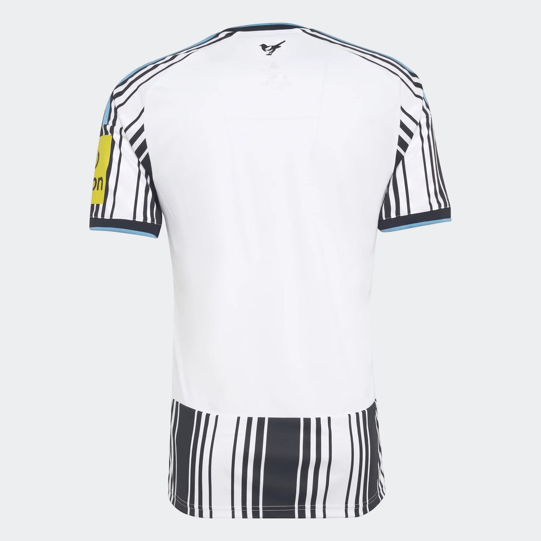 Back view of the Newcastle United FC 26/27 home jersey, white with black vertical stripes on sleeves and lower hem, light
