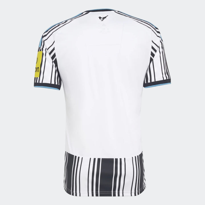 Back view of the Newcastle United FC 26/27 home jersey, white with black vertical stripes on sleeves and lower hem, light