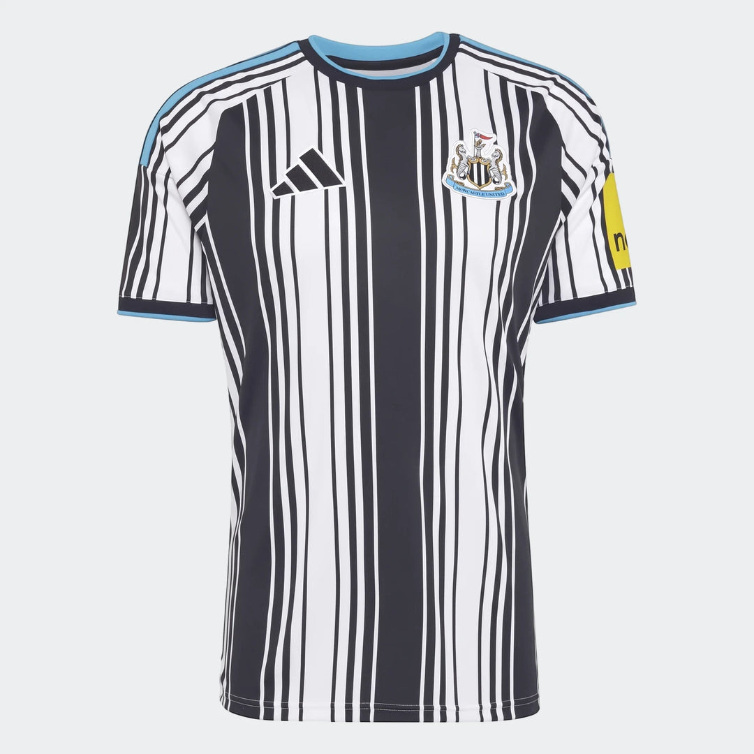 Newcastle United Fc 26/27 Home Jersey featuring black and white vertical stripes and light blue trim, displayed in a flat